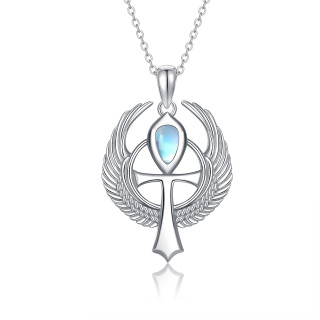 Sterling Silver Round Moonstone Allah & Angel Wing Pendant Necklace-5