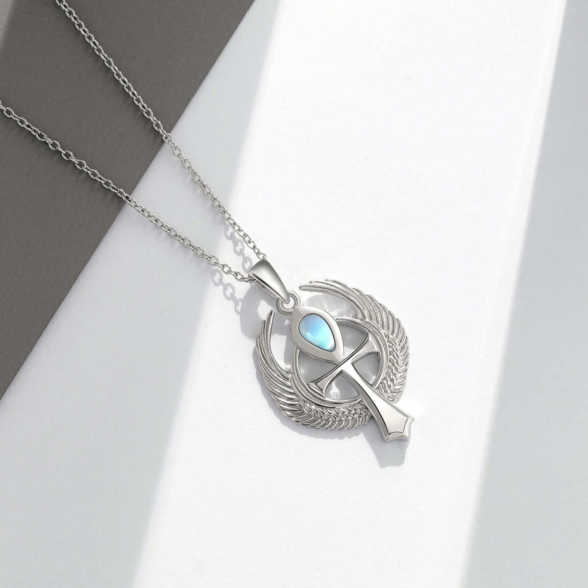 Collier en argent sterling avec pendentif Allah et ailes d'ange en pierre de lune ronde-4