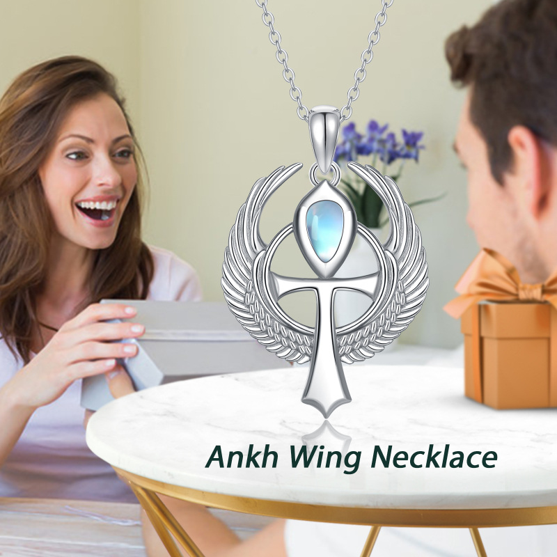 Sterling Silver Round Moonstone Allah & Angel Wing Pendant Necklace-5