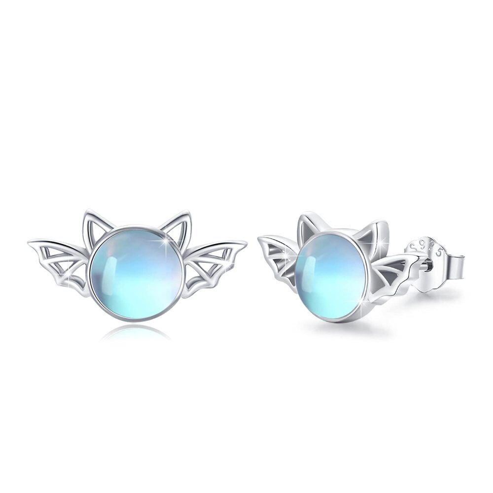 Sterling Silver Round Moonstone Bat Stud Earrings-1