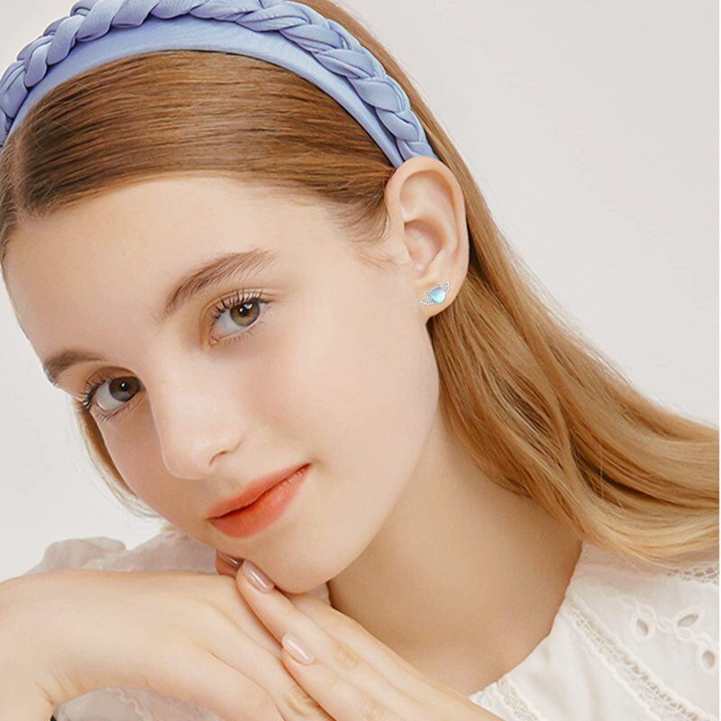 Sterling Silver Round Moonstone Bat Stud Earrings-2