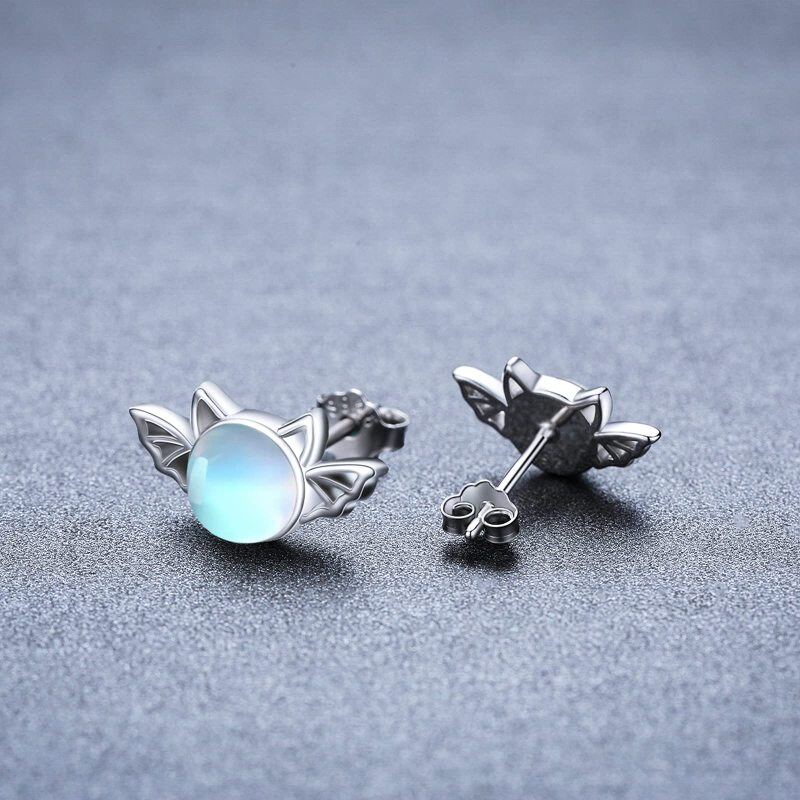 Sterling Silver Round Moonstone Bat Stud Earrings-3