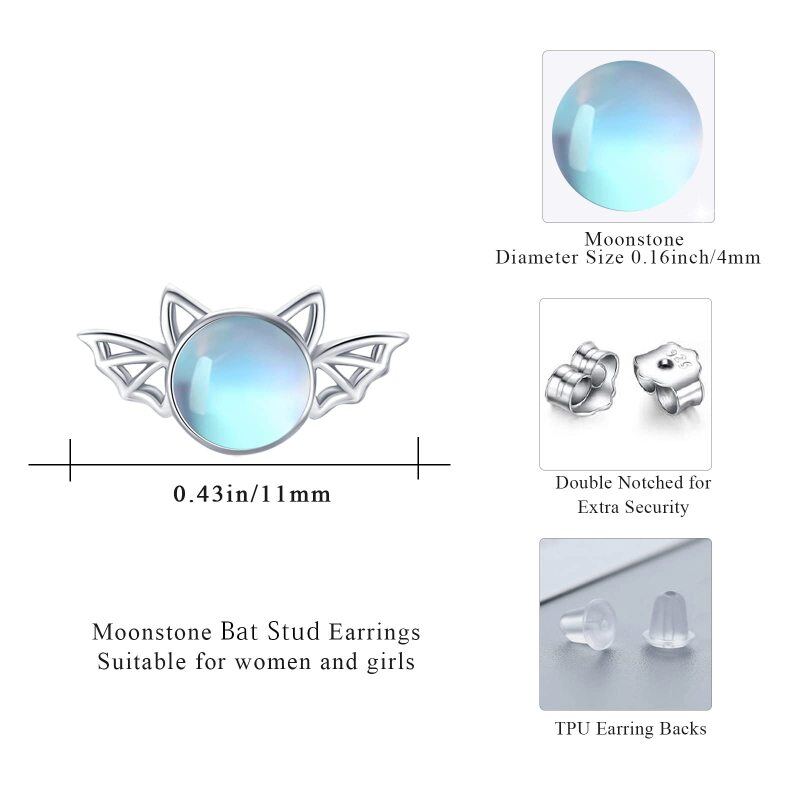 Sterling Silver Round Moonstone Bat Stud Earrings-4