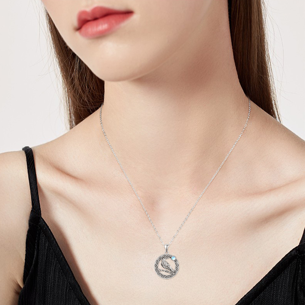 Sterling Silver Round Moonstone Bird & Celtic Knot Pendant Necklace-2