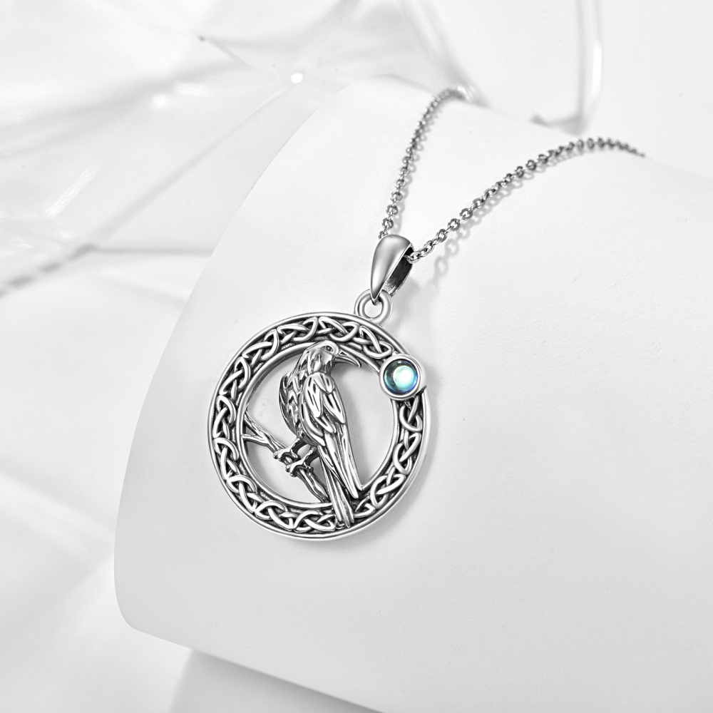Sterling Silver Round Moonstone Bird & Celtic Knot Pendant Necklace-3