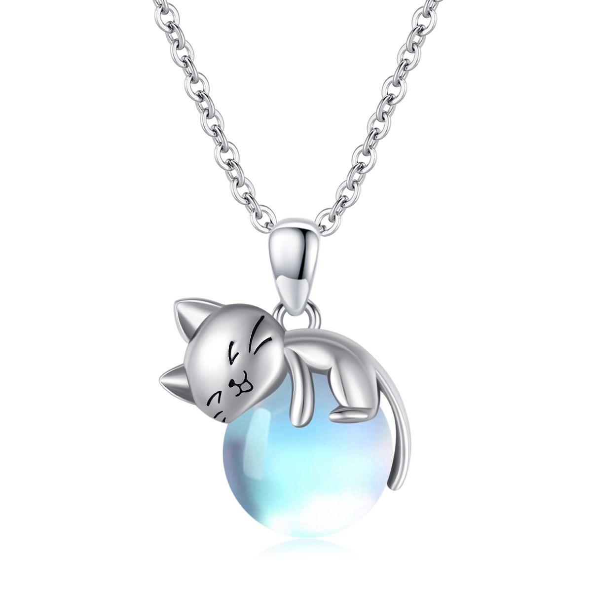 Sterling Silver Round Moonstone Cat Pendant Necklace-1