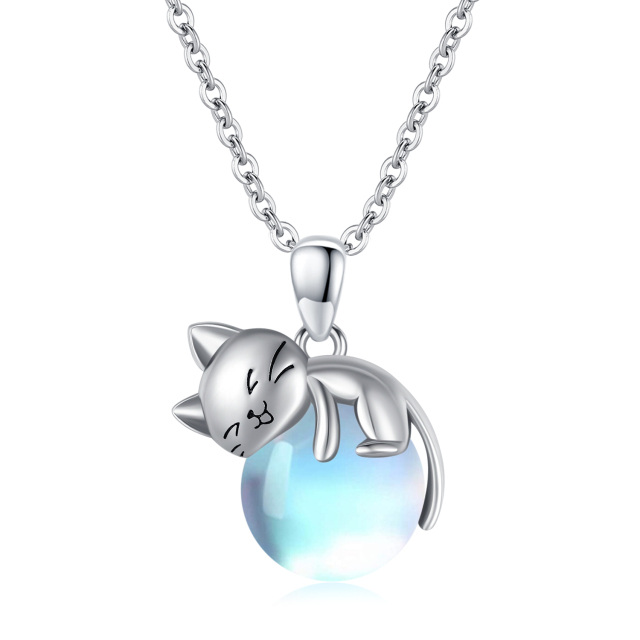 Collana con ciondolo a forma di gatto in pietra lunare in argento sterling-1