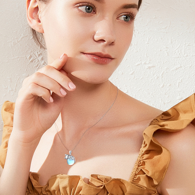 Colar de prata esterlina com pingente de gato com pedra da lua redonda-2