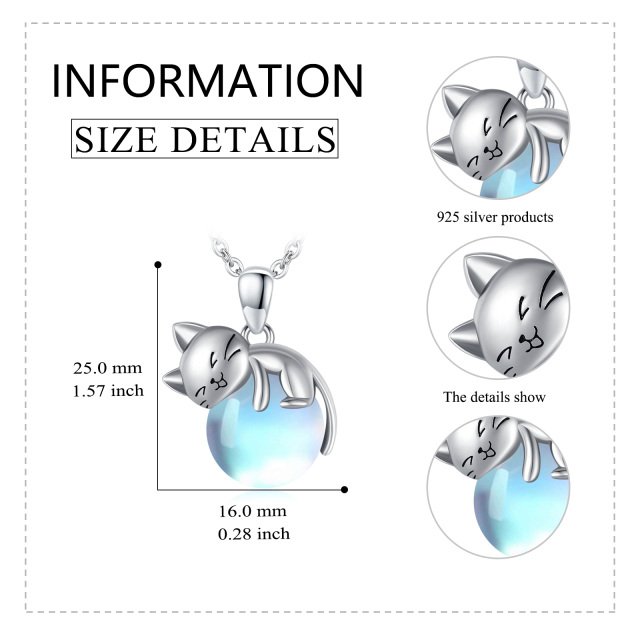 Colar de prata esterlina com pingente de gato com pedra da lua redonda-6