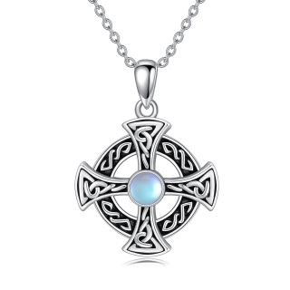 Sterling Silver Round Moonstone Celtic Knot & Cross Pendant Necklace-2