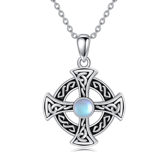 Sterling Silver Round Moonstone Celtic Knot & Cross Pendant Necklace