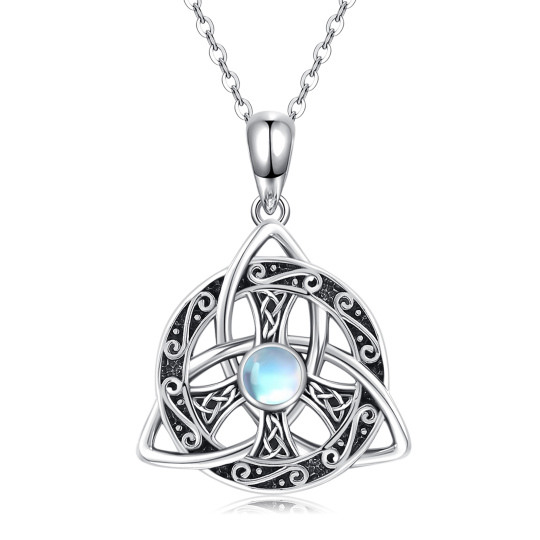 Sterling Silver Round Moonstone Celtic Knot & Peace Symbol Pendant Necklace