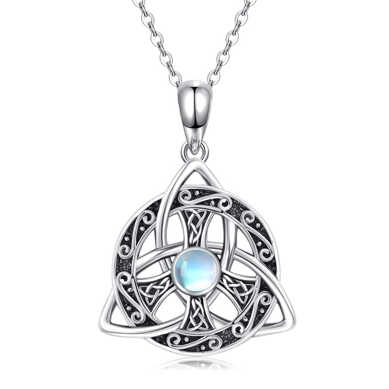 Sterling Silver Round Moonstone Celtic Knot & Peace Symbol Pendant Necklace-17