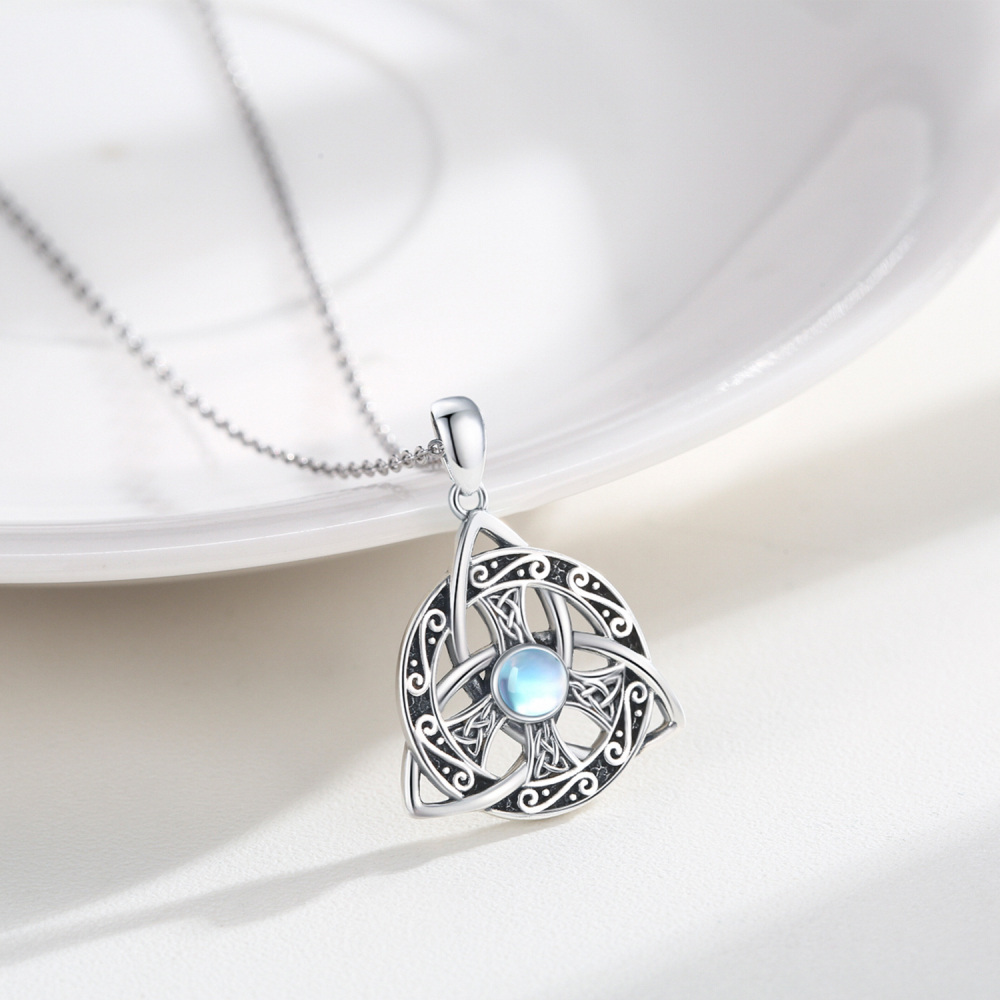 Sterling Silver Round Moonstone Celtic Knot & Peace Symbol Pendant Necklace-3