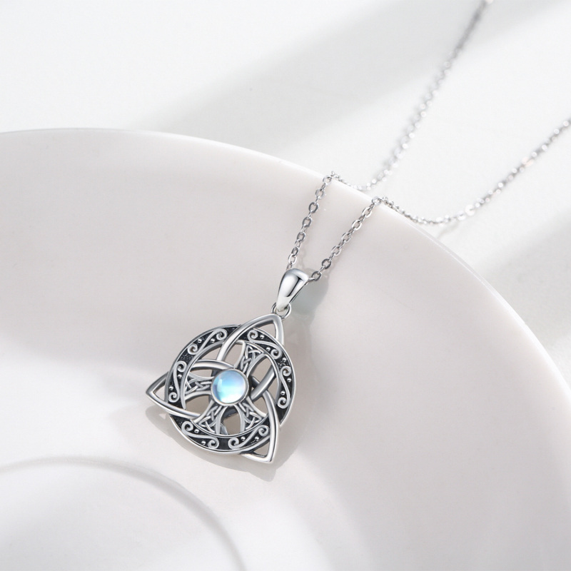 Sterling Silver Round Moonstone Celtic Knot & Peace Symbol Pendant Necklace-4