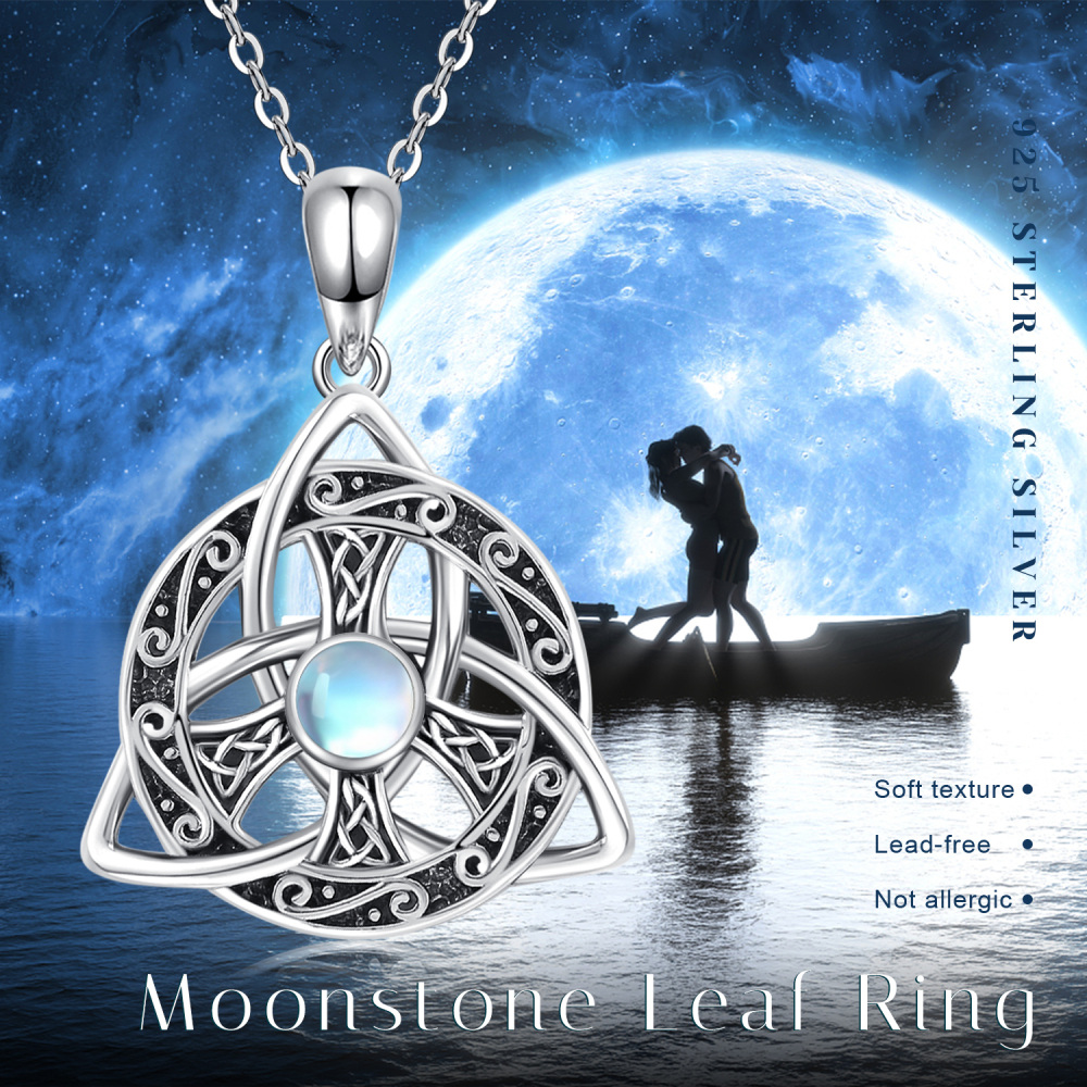 Sterling Silver Round Moonstone Celtic Knot & Peace Symbol Pendant Necklace-6