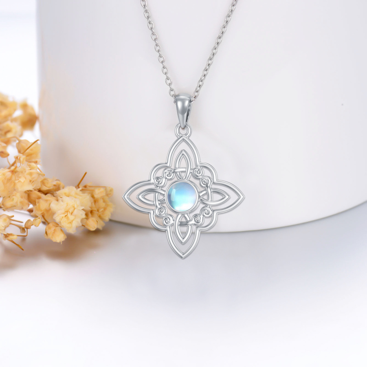 Sterling Silver Round Moonstone Celtic Knot Pendant Necklace-3