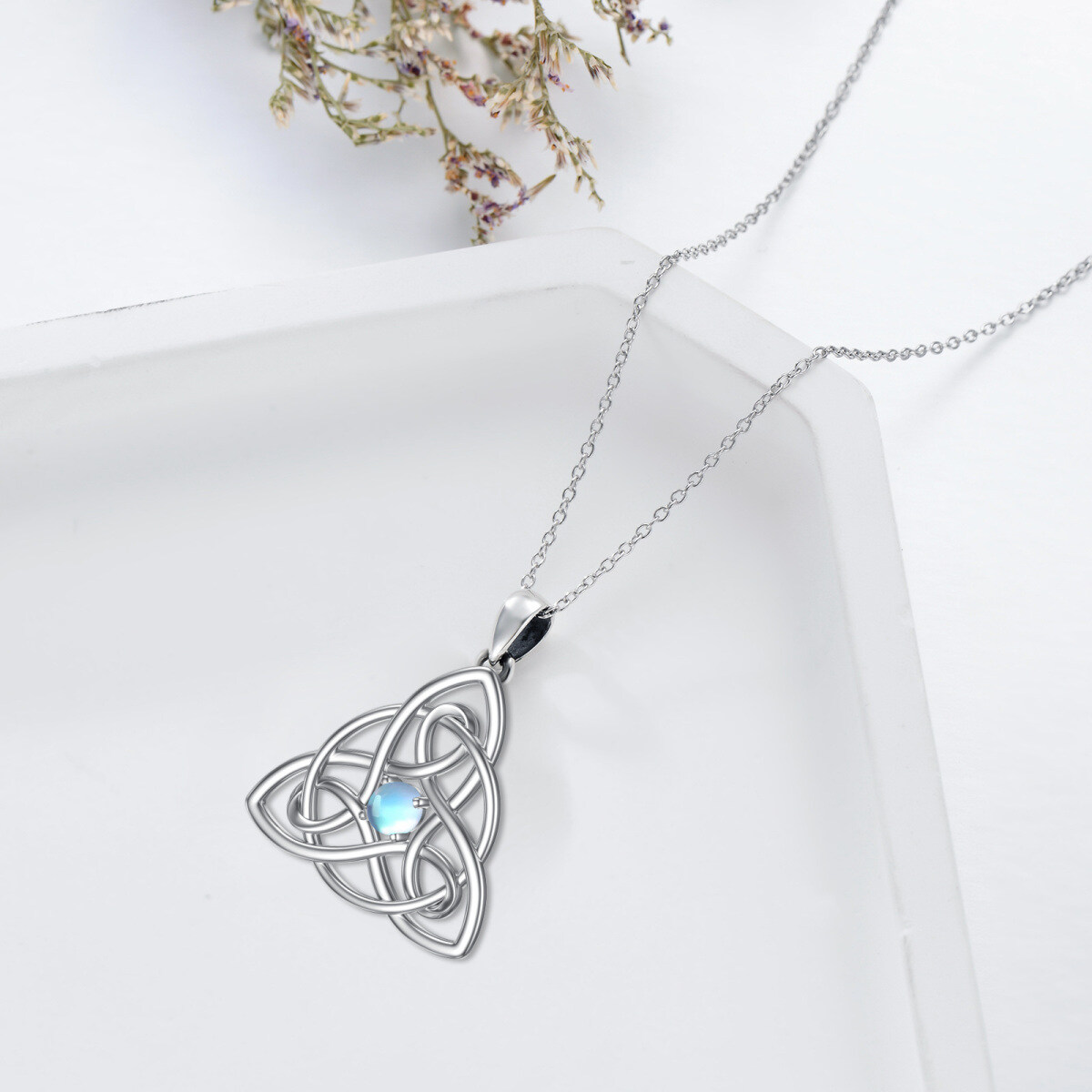 Collier en argent sterling avec pendentif nœud celtique en pierre de lune ronde-3