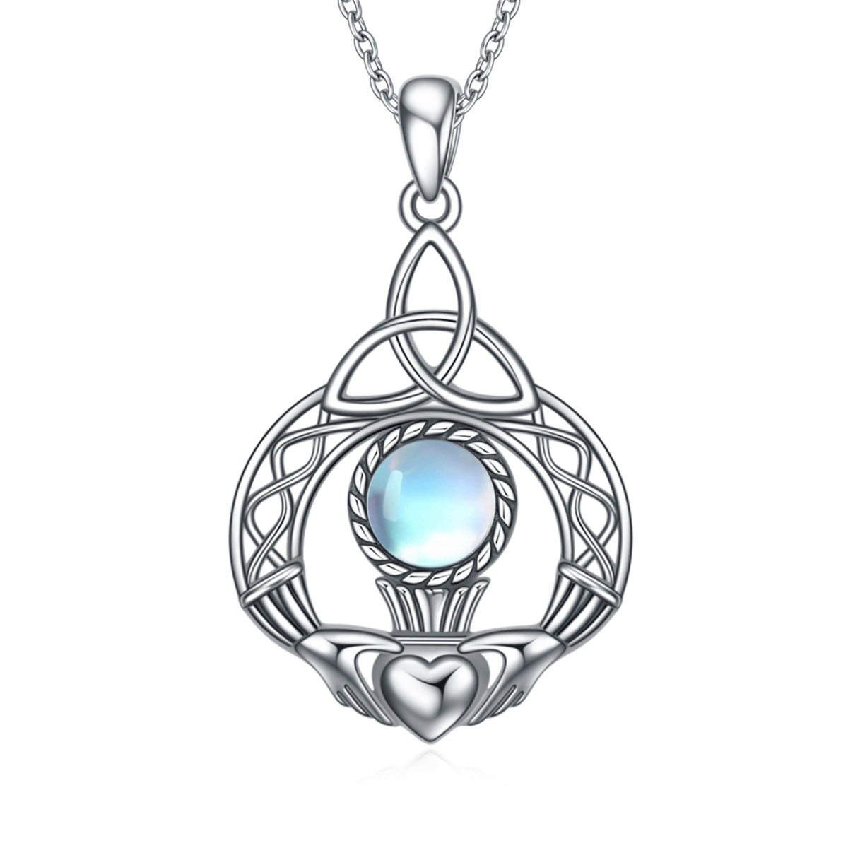 Sterling Silver Round Moonstone Celtic Knot Pendant Necklace-1