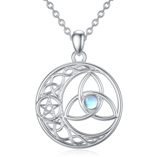 Sterling Silver Round Moonstone Celtic Knot & Pentagram Circle Pendant Necklace-3