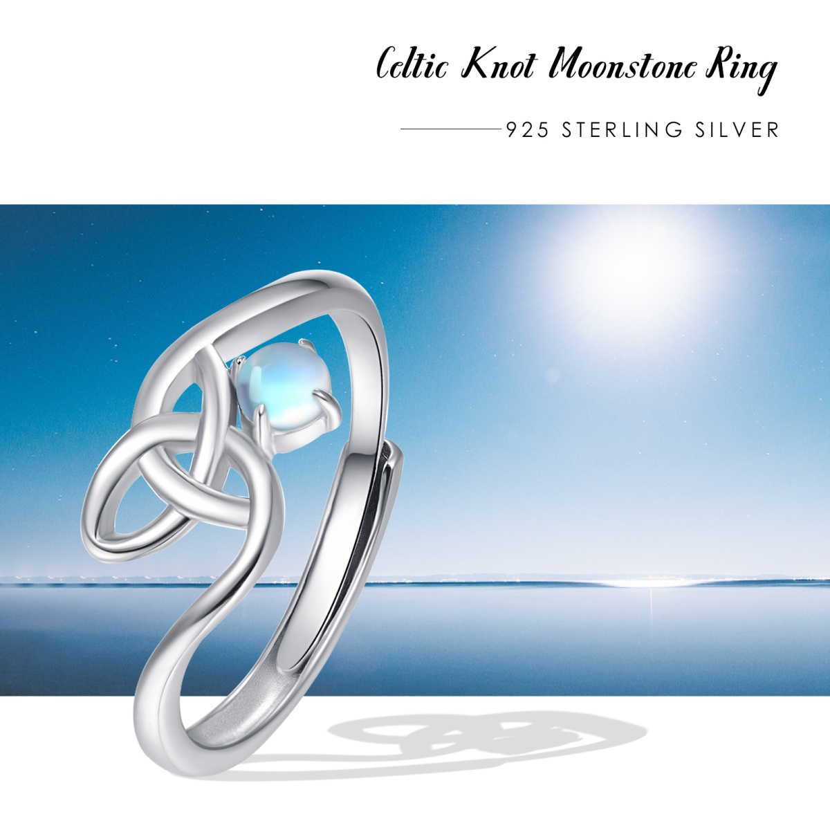 Sterling Silver Round Moonstone Celtic Knot Ring-5