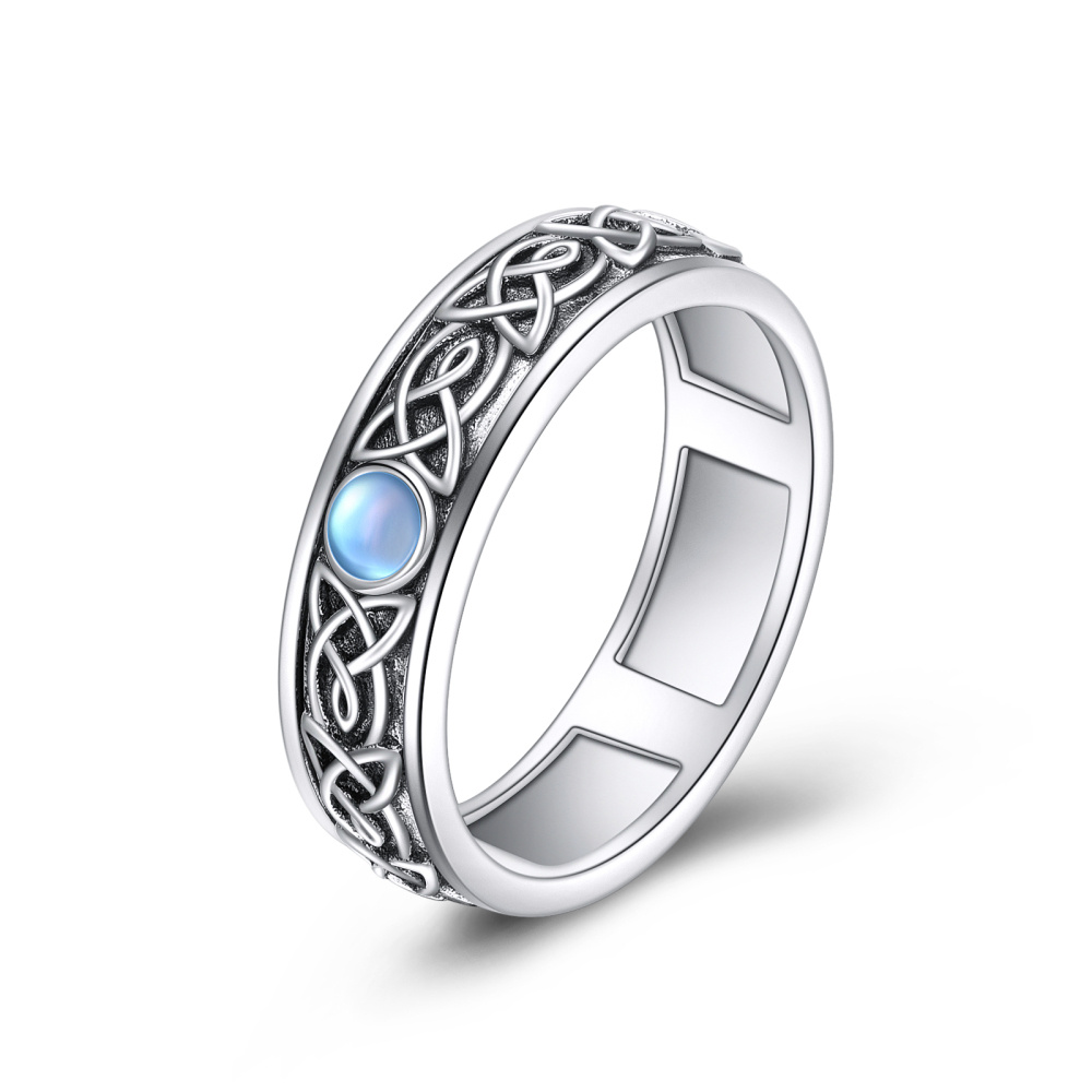 Bague tournante en argent sterling avec pierre de lune ronde et nœud celtique-1
