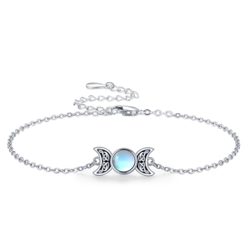 Sterling Silver Round Moonstone Celtic Knot & Triple Moon Goddess Charm Bracelet-1
