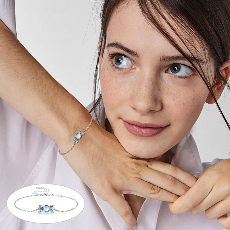 Sterling Silver Round Moonstone Celtic Knot & Triple Moon Goddess Charm Bracelet-2