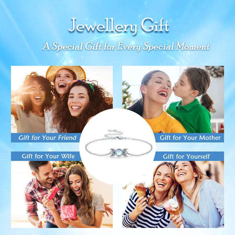 Sterling Silver Round Moonstone Celtic Knot & Triple Moon Goddess Charm Bracelet-4