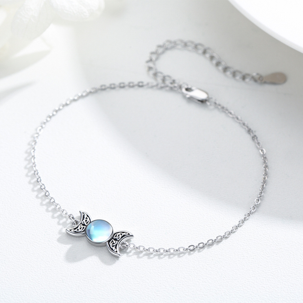 Sterling Silver Round Moonstone Celtic Knot & Triple Moon Goddess Charm Bracelet-6