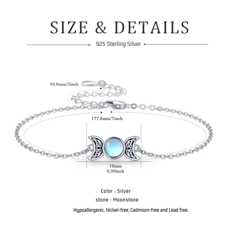 Sterling Silver Round Moonstone Celtic Knot & Triple Moon Goddess Charm Bracelet-8