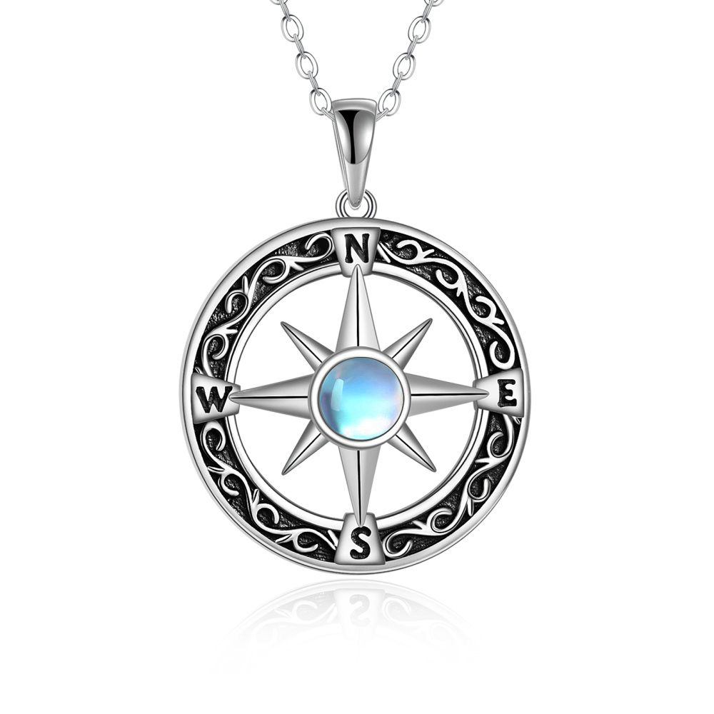 Sterling Silver Round Moonstone Compass Pendant Necklace Gift for Graduates-1