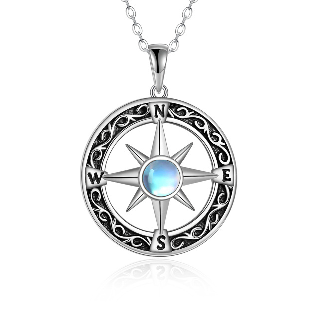 Sterling Silver Round Moonstone Compass Pendant Necklace Gift for Graduates