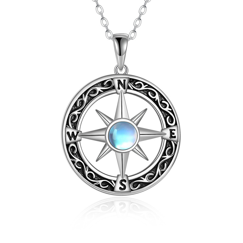 Sterling Silver Round Moonstone Compass Pendant Necklace Gift for Graduates-6