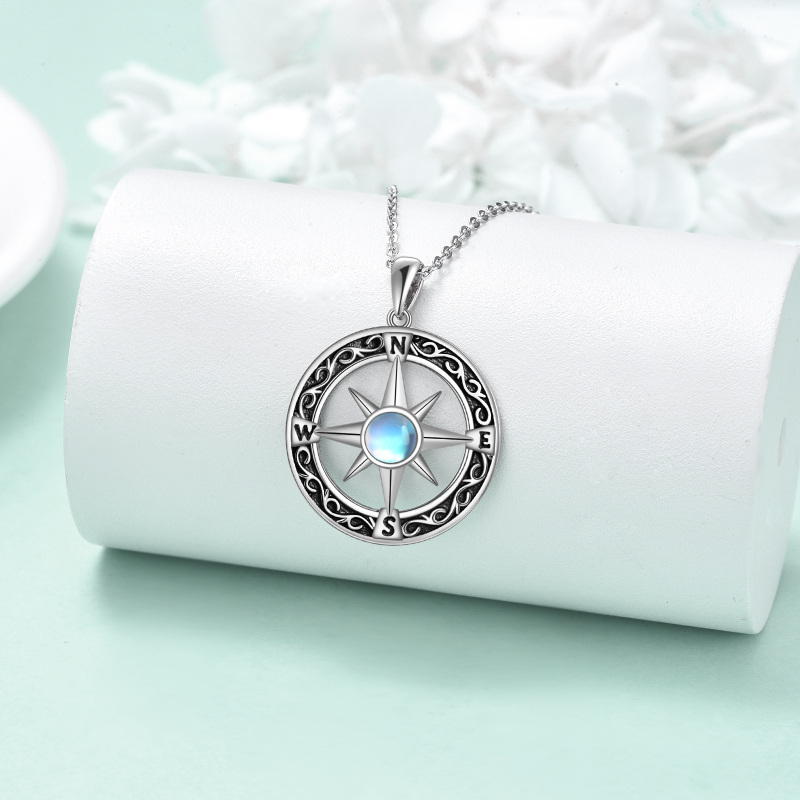 Sterling Silver Round Moonstone Compass Pendant Necklace Gift for Graduates-3