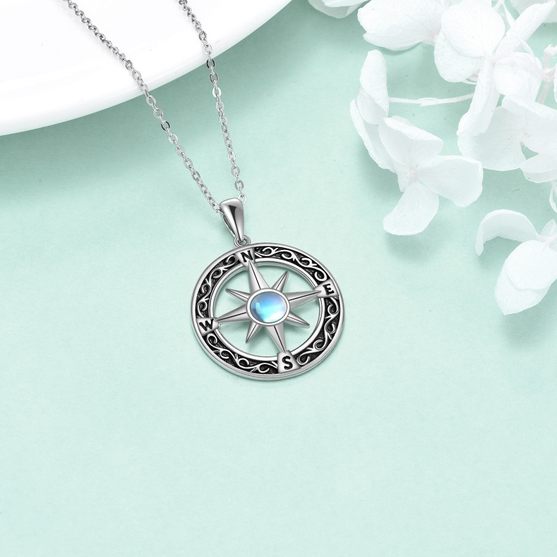 Sterling Silver Round Moonstone Compass Pendant Necklace Gift for Graduates-4