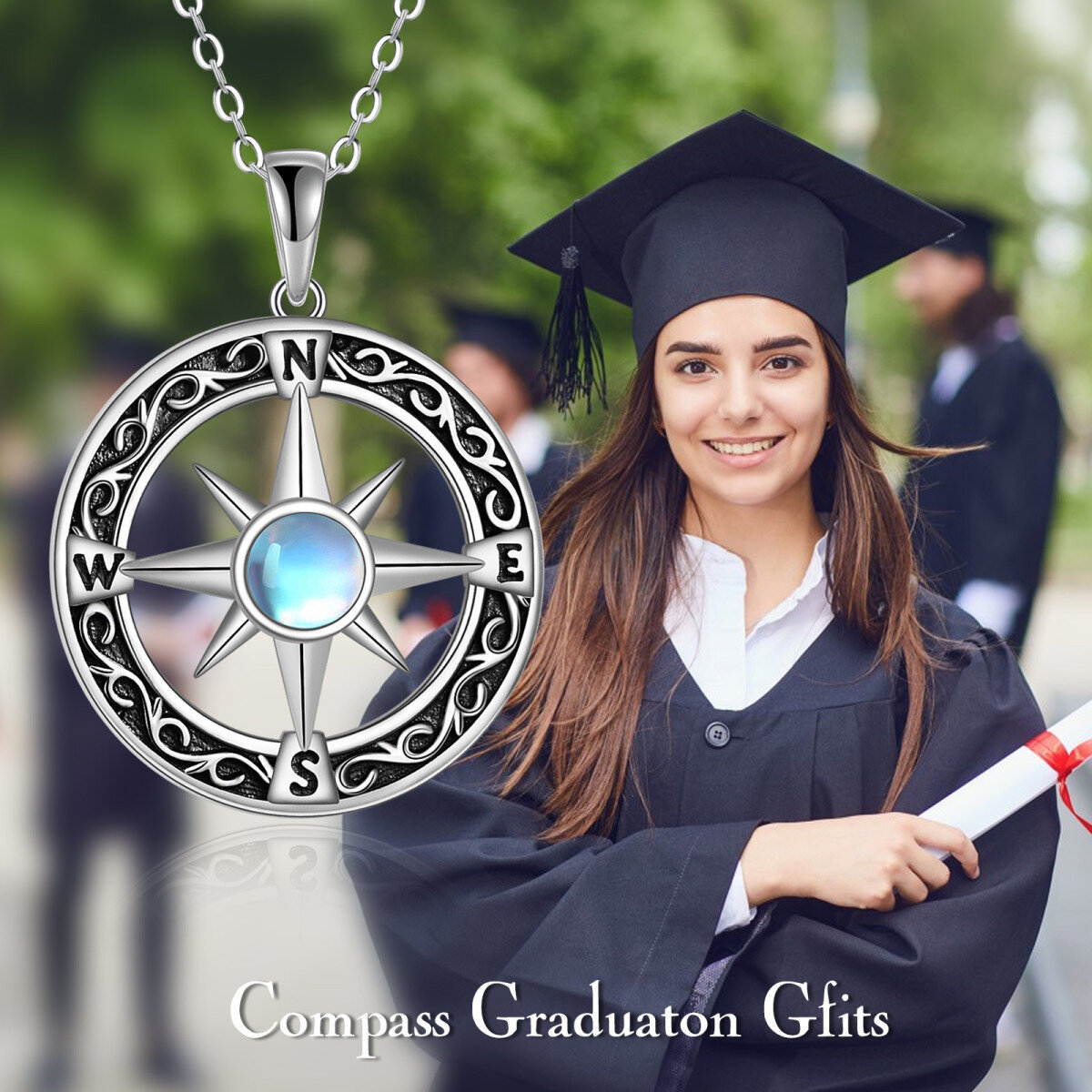 Collar de plata de ley con brújula de piedra de luna redonda Regalo para graduados-5