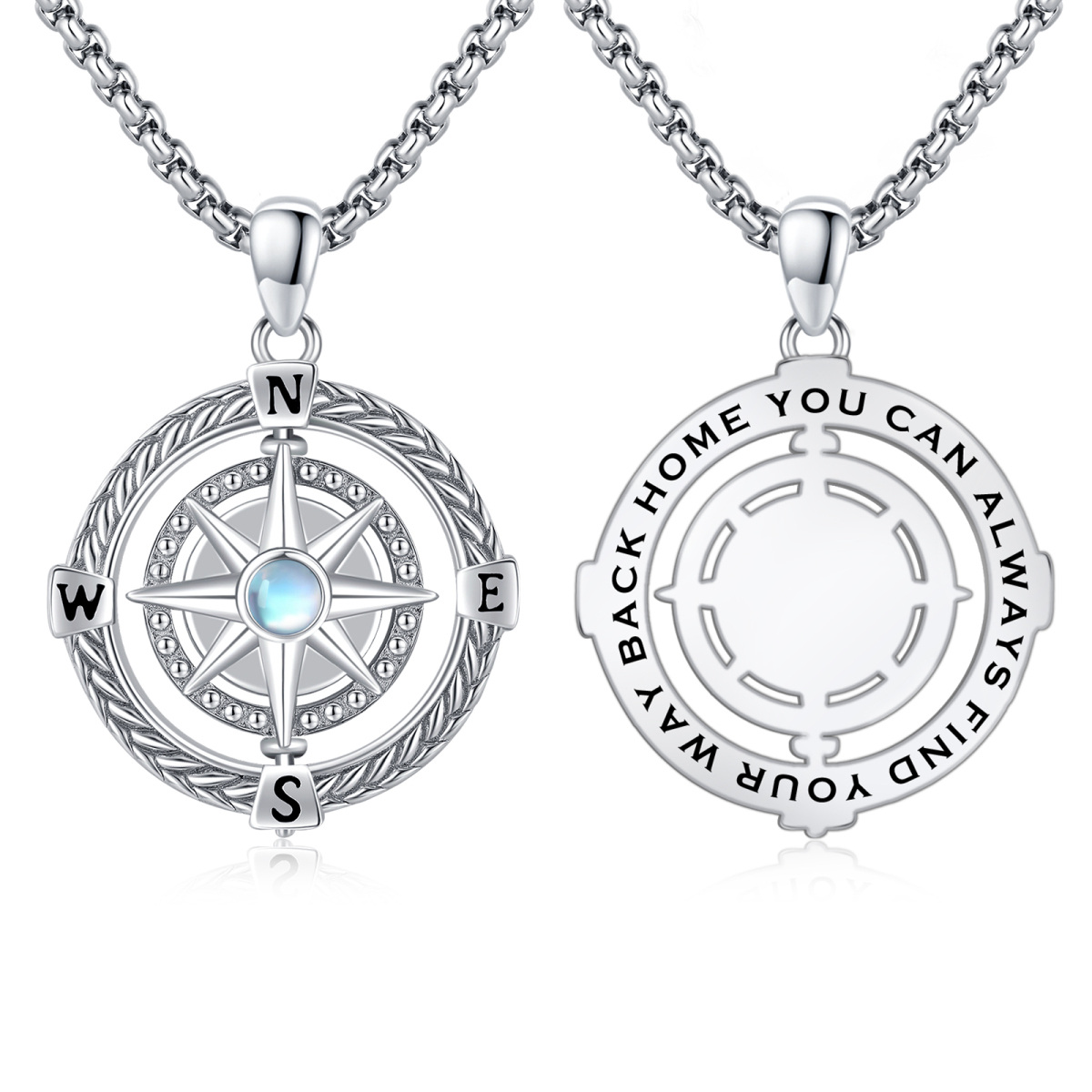 Sterling Silver Round Moonstone Compass Pendant Necklace-1