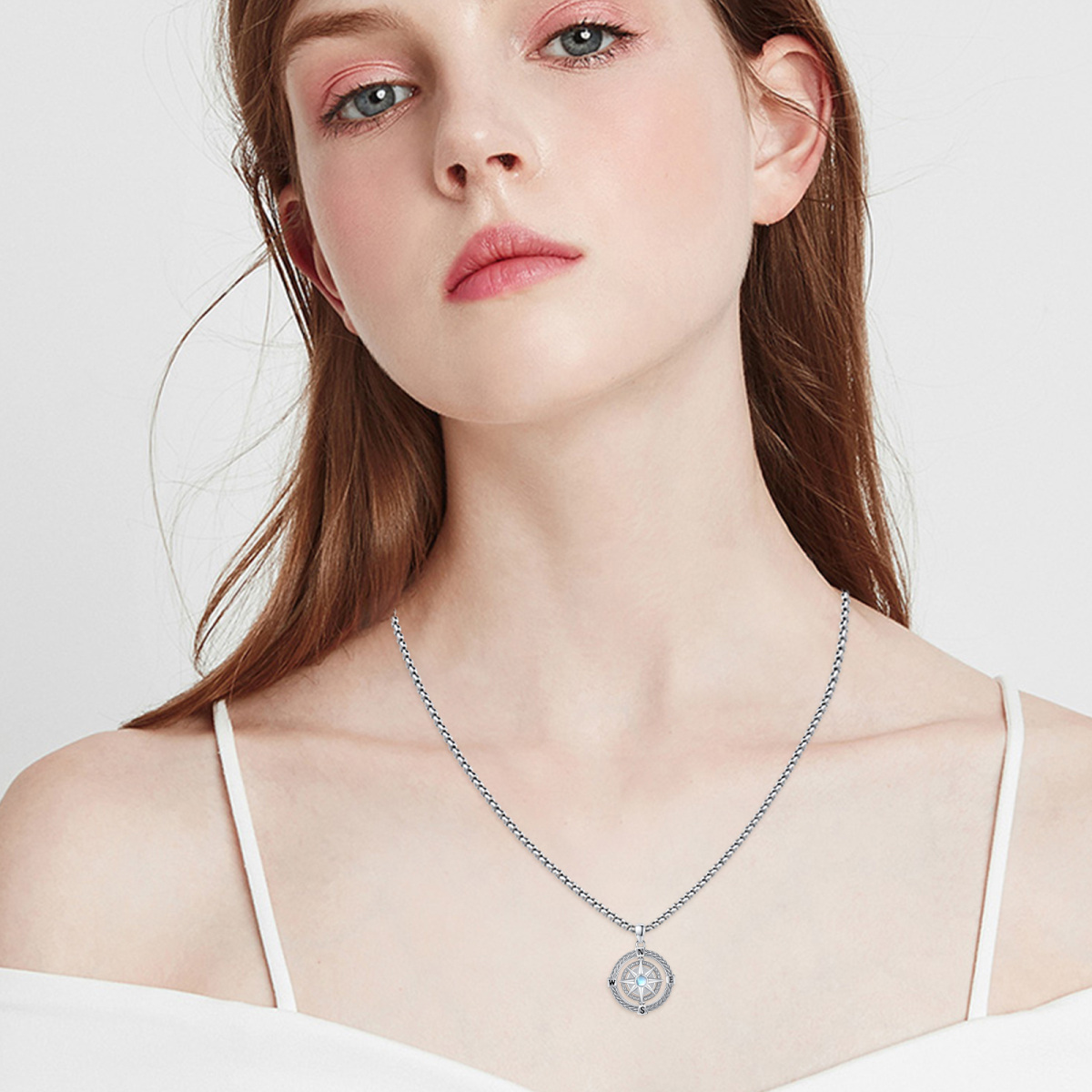 Collier en argent sterling avec pendentif boussole en pierre de lune ronde-2