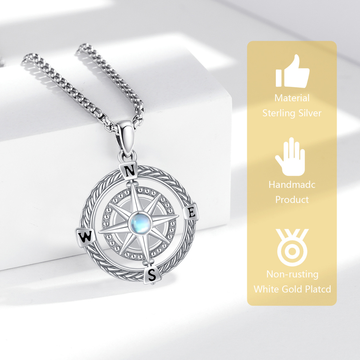 Sterling Silver Round Moonstone Compass Pendant Necklace-3