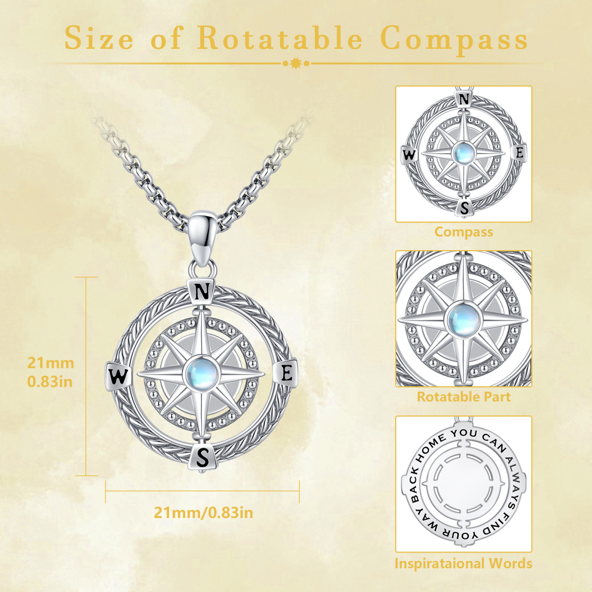 Sterling Silver Round Moonstone Compass Pendant Necklace-5