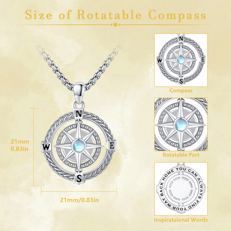 Sterling Silver Round Moonstone Compass Pendant Necklace-5