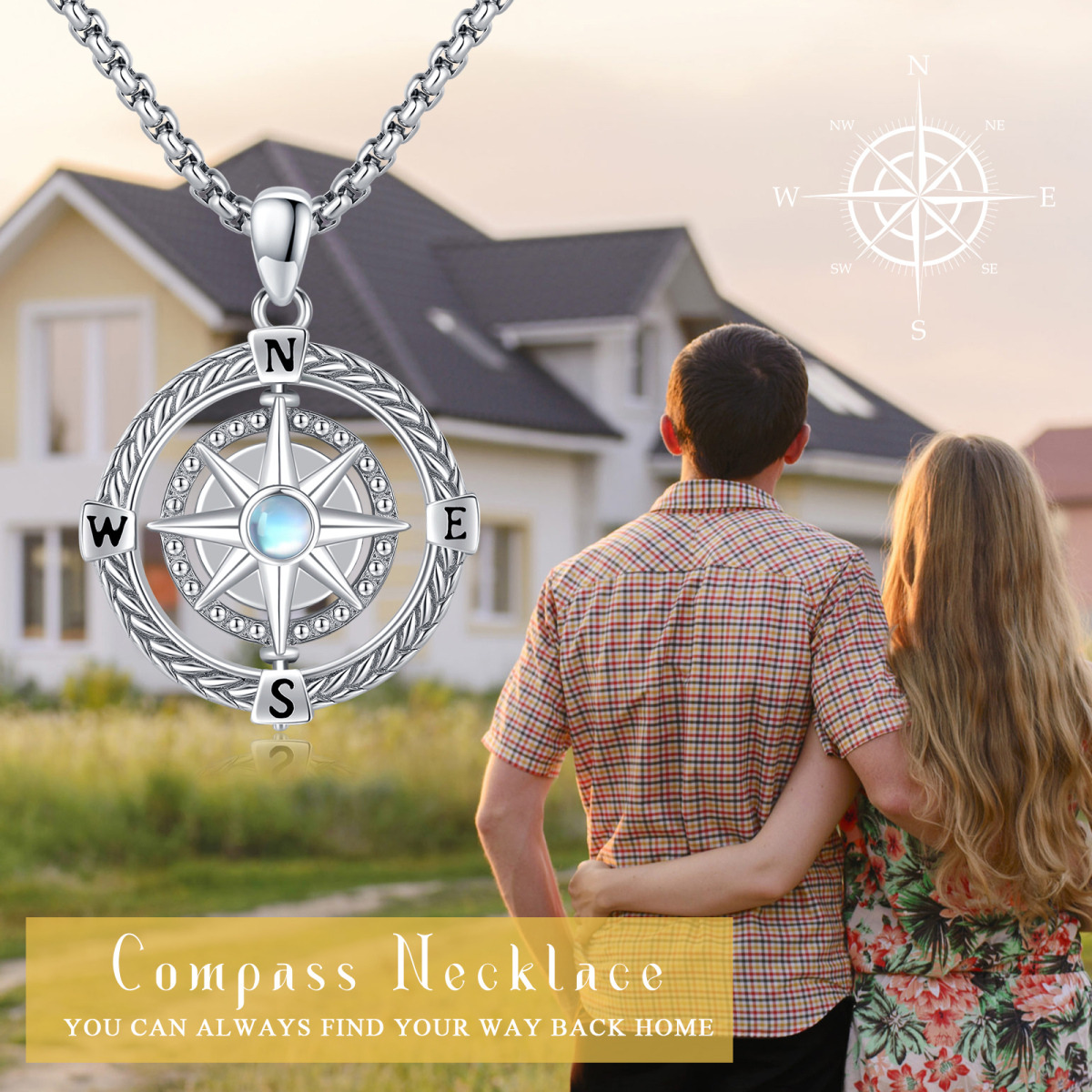 Sterling Silver Round Moonstone Compass Pendant Necklace-6