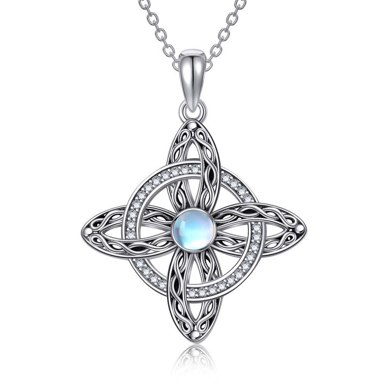 Sterling Silver Round Moonstone Cross Celtic Knot Pendant Necklace-19