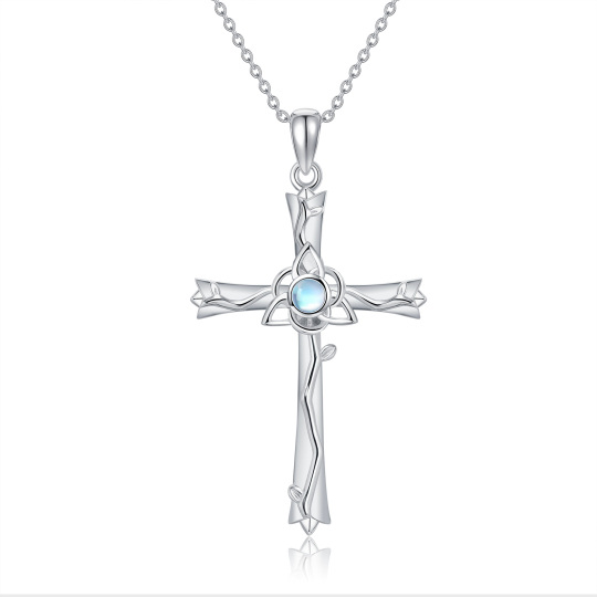 Sterling Silver Round Moonstone Cross Pendant Necklace