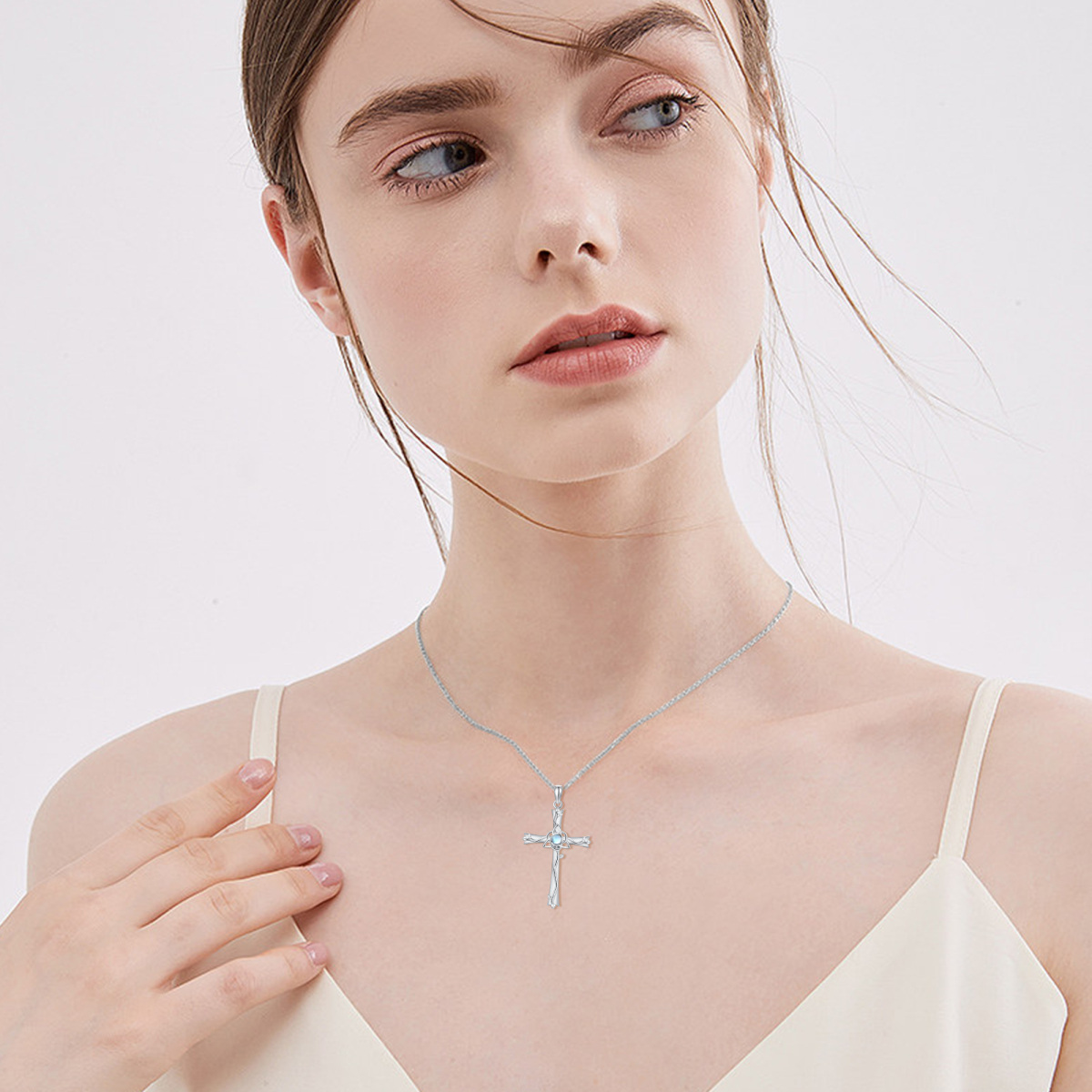 Sterling Silver Round Moonstone Cross Pendant Necklace-2