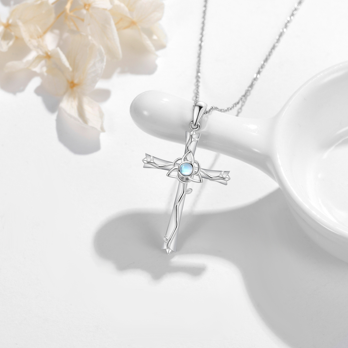 Sterling Silver Round Moonstone Cross Pendant Necklace-3