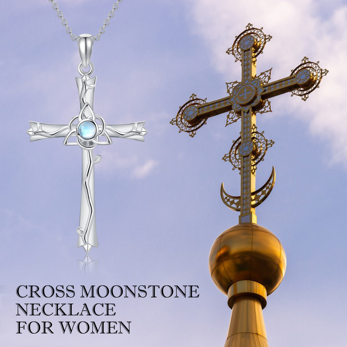 Sterling Silver Round Moonstone Cross Pendant Necklace-5