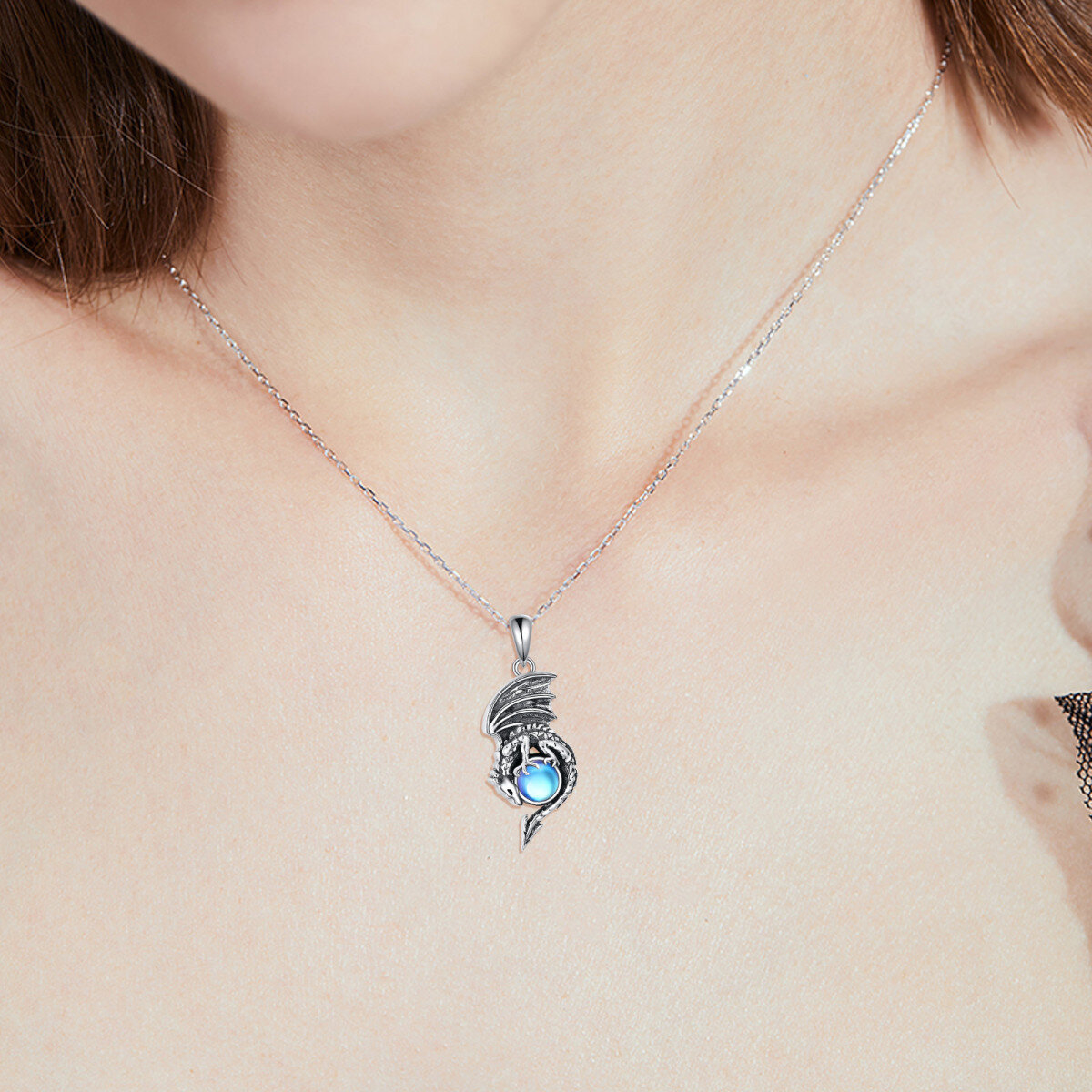 Sterling Silver Round Moonstone Dragon Urn Necklace for Ashes-2