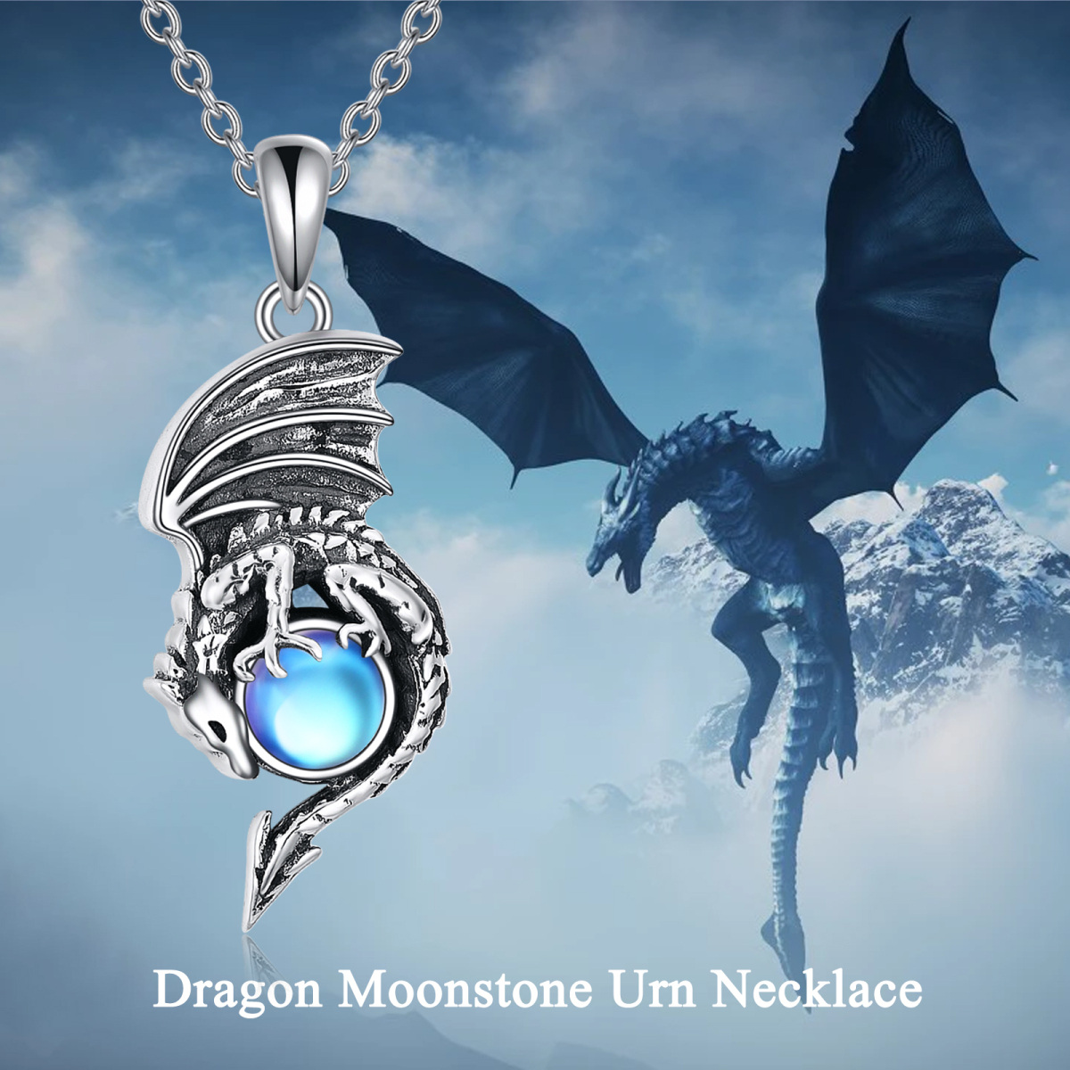 Sterling Silver Round Moonstone Dragon Urn Necklace for Ashes-3